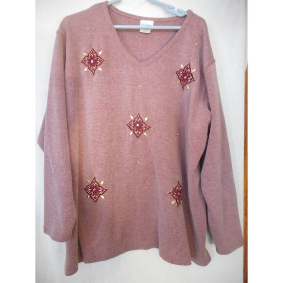 Mauve Gold Sz 26W / 28W V-neck cotton blend Knit top / Sweater  gold accents - Picture 1 of 5